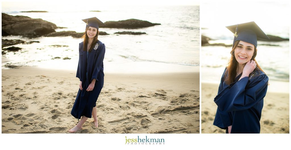 senior in cap and gown at Laguna beach in Southern California 